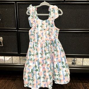 Girls Floral Ruffle Sleeve Sundress in Pink & Blue with matching straw hat